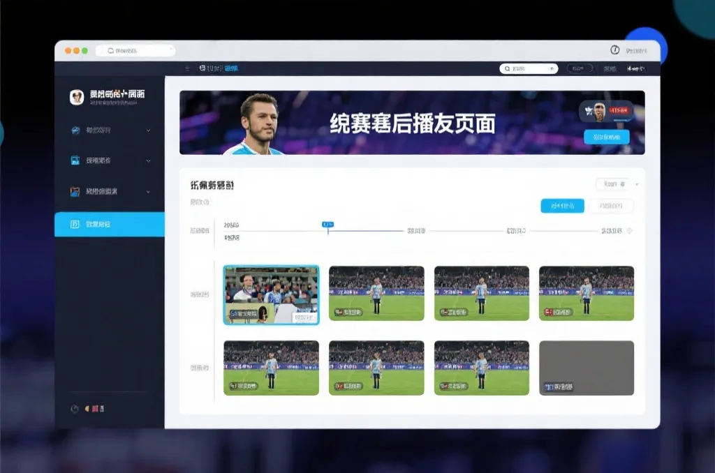 比赛结束后，电视屏幕展示集锦回放页面，旁边有时间轴和多角度切换提示